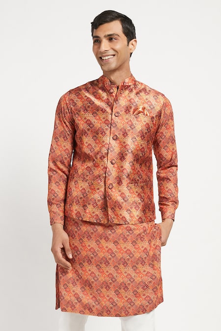 Shop_Rabani & Rakha_Orange Kurta Crepe Pant Cotton Silk Bundi Dupion Printed Set _Online_at_Aza_Fashions