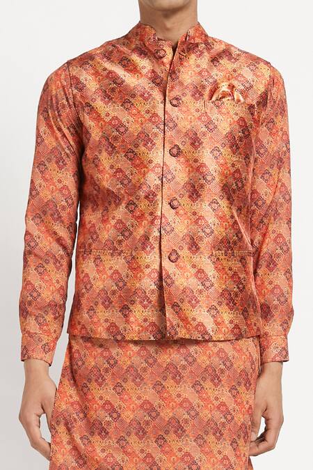 Rabani & Rakha_Orange Kurta Crepe Pant Cotton Silk Bundi Dupion Printed Set _at_Aza_Fashions