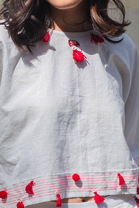 Buy_Nikasha_White Cotton Round Embroidered Crop Top And Pant Set _Online_at_Aza_Fashions