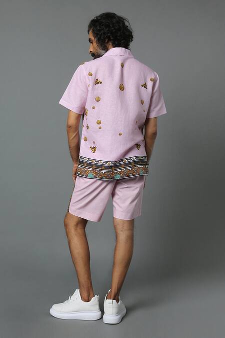 Shop House Of Three Pink Cotton Poplin Jewel Mural Hawaiian Shirt at Aza Fashions Shop_House Of Three_Pink Cotton Poplin Jewel Mural Hawaiian Shirt _at_Aza_Fashions