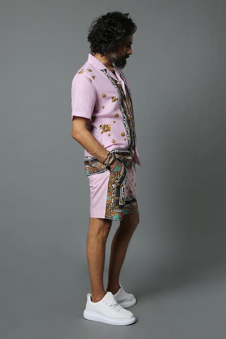 House Of Three Pink Cotton Poplin Jewel Mural Hawaiian Shirt Online at Aza Fashions House Of Three_Pink Cotton Poplin Jewel Mural Hawaiian Shirt _Online_at_Aza_Fashions