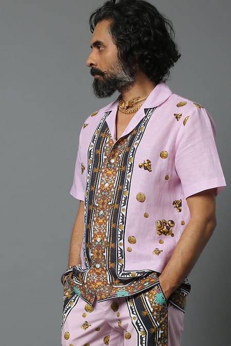 Shop House Of Three Pink Cotton Poplin Jewel Mural Hawaiian Shirt Online at Aza Fashions Shop_House Of Three_Pink Cotton Poplin Jewel Mural Hawaiian Shirt _Online_at_Aza_Fashions