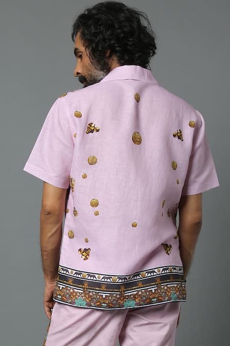 House Of Three Pink Cotton Poplin Jewel Mural Hawaiian Shirt at Aza Fashions House Of Three_Pink Cotton Poplin Jewel Mural Hawaiian Shirt _at_Aza_Fashions