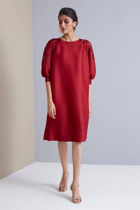 Scarlet Sage_Red 100% Polyester Floral Round Sophie Sheer Shoulder Pleated Dress_Online_at_Aza_Fashions