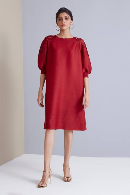 Buy_Scarlet Sage_Red 100% Polyester Floral Round Sophie Sheer Shoulder Pleated Dress_Online_at_Aza_Fashions