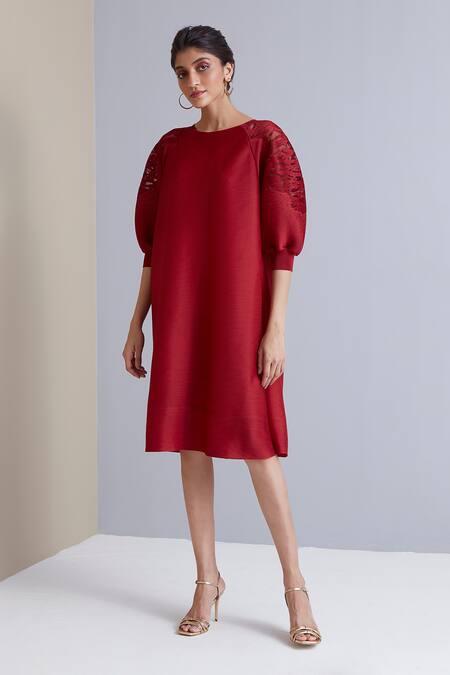 Shop_Scarlet Sage_Red 100% Polyester Floral Round Sophie Sheer Shoulder Pleated Dress_Online_at_Aza_Fashions