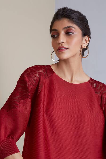 Scarlet Sage_Red 100% Polyester Floral Round Sophie Sheer Shoulder Pleated Dress_at_Aza_Fashions