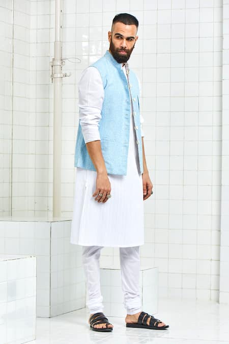Rajesh Pratap Singh Blue Linen Printed Nehru Jacket Online at Aza Fashions Rajesh Pratap Singh_Blue Linen Printed Nehru Jacket _Online_at_Aza_Fashions