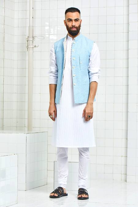 Buy Rajesh Pratap Singh Blue Linen Printed Nehru Jacket Online at Aza Fashions Buy_Rajesh Pratap Singh_Blue Linen Printed Nehru Jacket _Online_at_Aza_Fashions