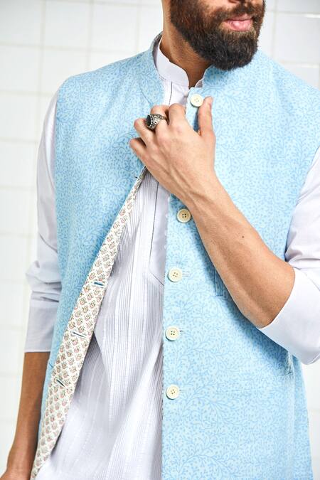 Shop Rajesh Pratap Singh Blue Linen Printed Nehru Jacket Online at Aza Fashions Shop_Rajesh Pratap Singh_Blue Linen Printed Nehru Jacket _Online_at_Aza_Fashions