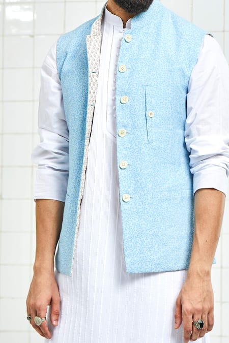 Rajesh Pratap Singh Blue Linen Printed Nehru Jacket at Aza Fashions Rajesh Pratap Singh_Blue Linen Printed Nehru Jacket _at_Aza_Fashions