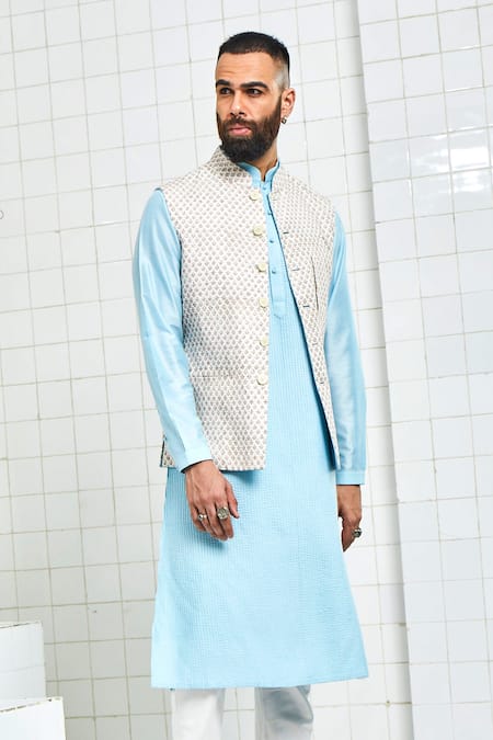 Shop Rajesh Pratap Singh White Linen Printed Nehru Jacket Online at Aza Fashions Shop_Rajesh Pratap Singh_White Linen Printed Nehru Jacket _Online_at_Aza_Fashions
