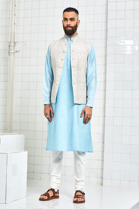 Shop Rajesh Pratap Singh White Linen Printed Nehru Jacket at Aza Fashions Shop_Rajesh Pratap Singh_White Linen Printed Nehru Jacket _at_Aza_Fashions