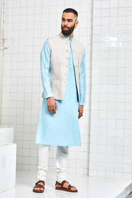 Rajesh Pratap Singh White Linen Printed Nehru Jacket Online at Aza Fashions Rajesh Pratap Singh_White Linen Printed Nehru Jacket _Online_at_Aza_Fashions