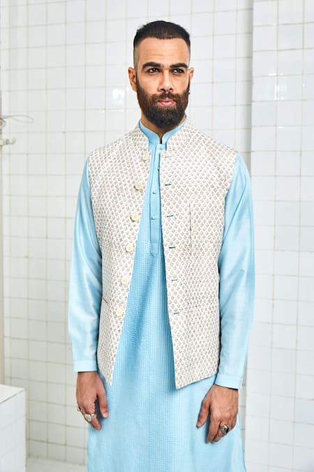 Buy Rajesh Pratap Singh White Linen Printed Nehru Jacket Online at Aza Fashions Buy_Rajesh Pratap Singh_White Linen Printed Nehru Jacket _Online_at_Aza_Fashions