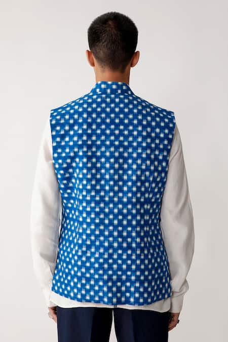 Shop Rajesh Pratap Singh Blue Cotton Rankhar Linen Ikat Bundi at Aza Fashions Shop_Rajesh Pratap Singh_Blue Cotton Rankhar Linen Ikat Bundi _at_Aza_Fashions