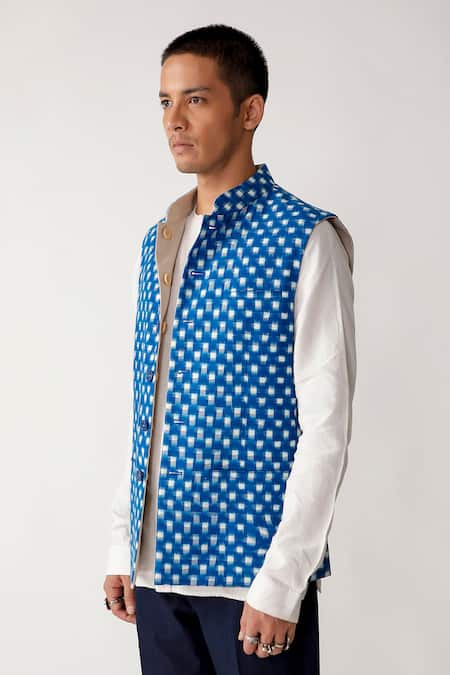 Rajesh Pratap Singh Blue Cotton Rankhar Linen Ikat Bundi Online at Aza Fashions Rajesh Pratap Singh_Blue Cotton Rankhar Linen Ikat Bundi _Online_at_Aza_Fashions