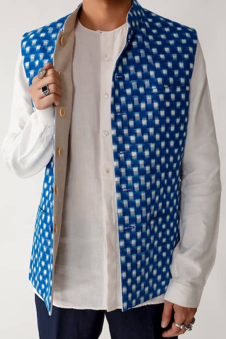 Shop Rajesh Pratap Singh Blue Cotton Rankhar Linen Ikat Bundi Online at Aza Fashions Shop_Rajesh Pratap Singh_Blue Cotton Rankhar Linen Ikat Bundi _Online_at_Aza_Fashions