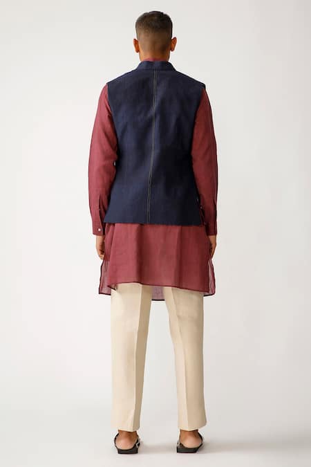 Shop Rajesh Pratap Singh Blue Cotton, Linen Ratakot Handwoven Reversible Bundi at Aza Fashions Shop_Rajesh Pratap Singh_Blue Cotton, Linen Ratakot Handwoven Reversible Bundi _at_Aza_Fashions