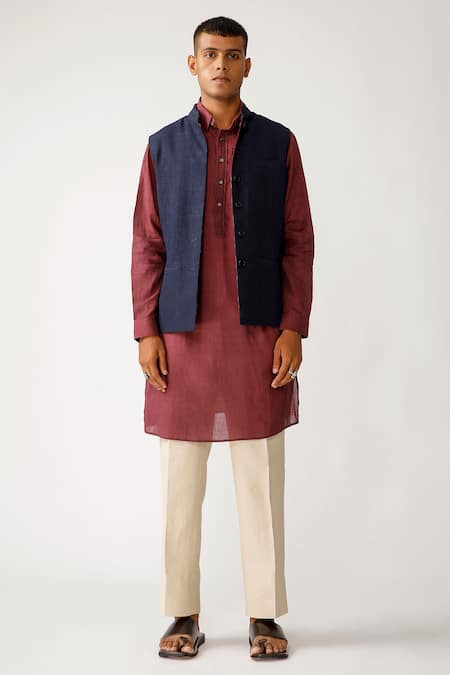 Buy Rajesh Pratap Singh Blue Cotton, Linen Ratakot Handwoven Reversible Bundi Online at Aza Fashions Buy_Rajesh Pratap Singh_Blue Cotton, Linen Ratakot Handwoven Reversible Bundi _Online_at_Aza_Fashions
