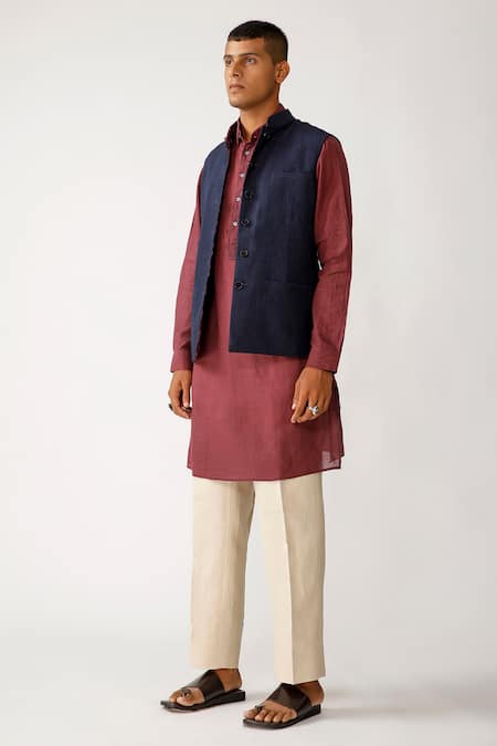 Shop Rajesh Pratap Singh Blue Cotton, Linen Ratakot Handwoven Reversible Bundi Online at Aza Fashions Shop_Rajesh Pratap Singh_Blue Cotton, Linen Ratakot Handwoven Reversible Bundi _Online_at_Aza_Fashions