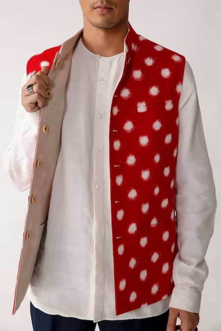 Shop_Rajesh Pratap Singh_Red Cotton, Linen Rataura Handwoven Ikat Bundi _Online_at_Aza_Fashions