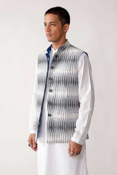 Shop_Rajesh Pratap Singh_Blue Cotton Sarnau Reversible Ikat Bundi _Online_at_Aza_Fashions