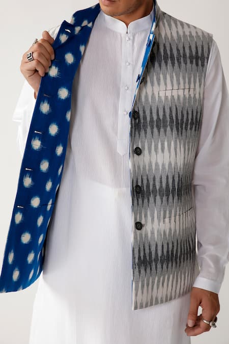 Rajesh Pratap Singh_Blue Cotton Sarnau Reversible Ikat Bundi _at_Aza_Fashions