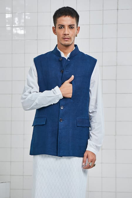 Rajesh Pratap Singh Blue Linen Crepe Keetap Handwoven Bundi