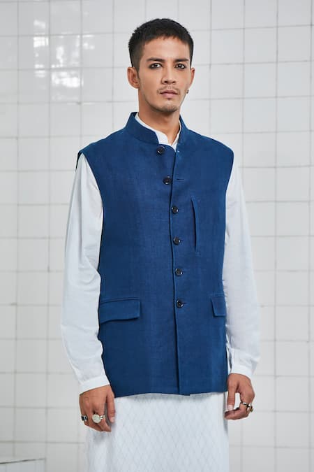 Rajesh Pratap Singh Blue Linen Crepe Keetap Handwoven Bundi Online at Aza Fashions Rajesh Pratap Singh_Blue Linen Crepe Keetap Handwoven Bundi _Online_at_Aza_Fashions