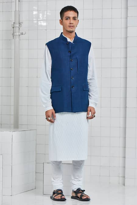 Shop Rajesh Pratap Singh Blue Linen Crepe Keetap Handwoven Bundi Online at Aza Fashions Shop_Rajesh Pratap Singh_Blue Linen Crepe Keetap Handwoven Bundi _Online_at_Aza_Fashions
