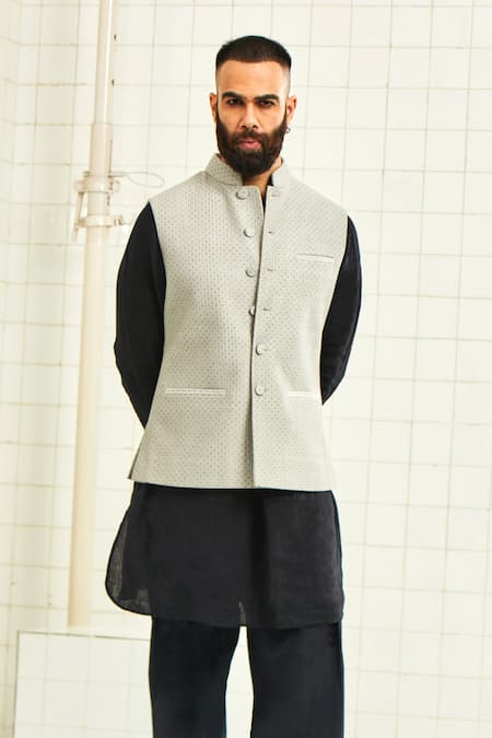 Rajesh Pratap Singh Grey Viscose Printed Nehru Jacket at Aza Fashions Rajesh Pratap Singh_Grey Viscose Printed Nehru Jacket _at_Aza_Fashions