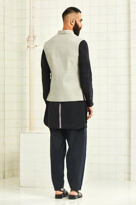 Shop Rajesh Pratap Singh Grey Viscose Printed Nehru Jacket at Aza Fashions Shop_Rajesh Pratap Singh_Grey Viscose Printed Nehru Jacket _at_Aza_Fashions