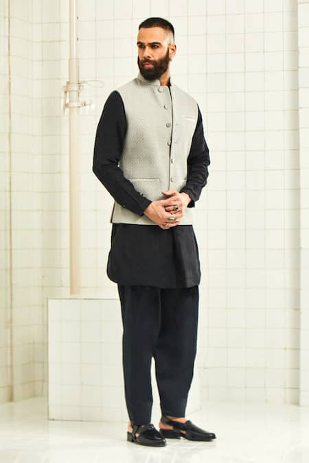 Rajesh Pratap Singh Grey Viscose Printed Nehru Jacket Online at Aza Fashions Rajesh Pratap Singh_Grey Viscose Printed Nehru Jacket _Online_at_Aza_Fashions