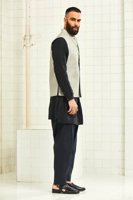 Shop Rajesh Pratap Singh Grey Viscose Printed Nehru Jacket Online at Aza Fashions Shop_Rajesh Pratap Singh_Grey Viscose Printed Nehru Jacket _Online_at_Aza_Fashions