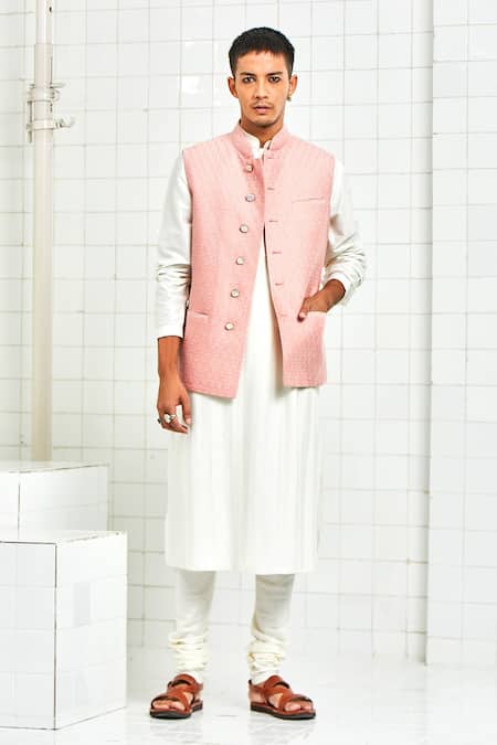 Shop Rajesh Pratap Singh Pink Viscose Quilted Nehru Jacket at Aza Fashions Shop_Rajesh Pratap Singh_Pink Viscose Quilted Nehru Jacket _at_Aza_Fashions