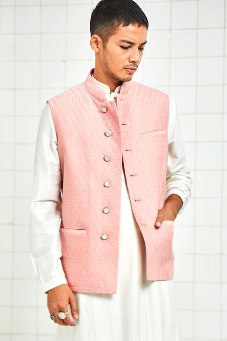 Buy Rajesh Pratap Singh Pink Viscose Quilted Nehru Jacket Online at Aza Fashions Buy_Rajesh Pratap Singh_Pink Viscose Quilted Nehru Jacket _Online_at_Aza_Fashions