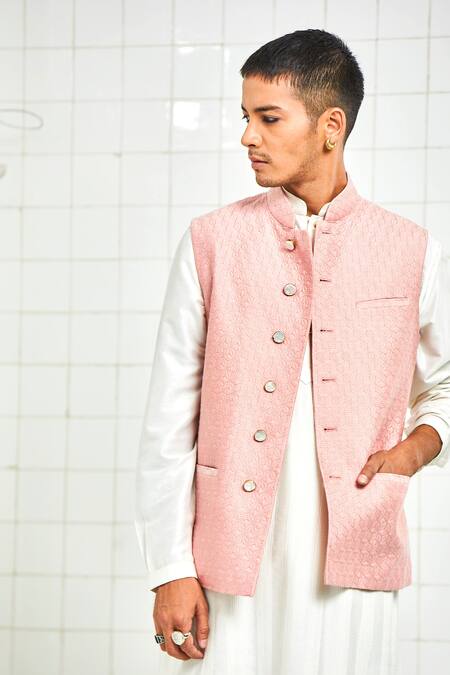 Shop Rajesh Pratap Singh Pink Viscose Quilted Nehru Jacket Online at Aza Fashions Shop_Rajesh Pratap Singh_Pink Viscose Quilted Nehru Jacket _Online_at_Aza_Fashions