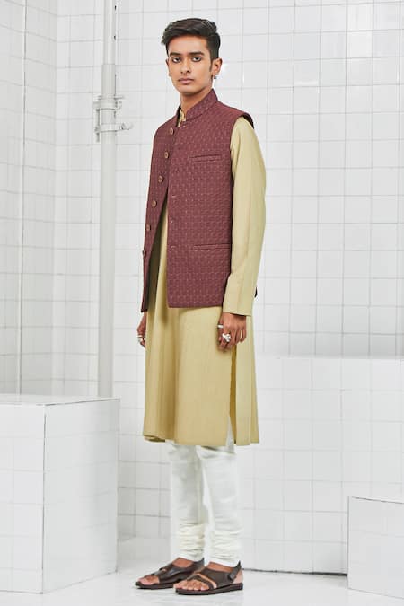 Rajesh Pratap Singh_Brown Viscose Katan Ramdevra Quilted Bundi _Online_at_Aza_Fashions