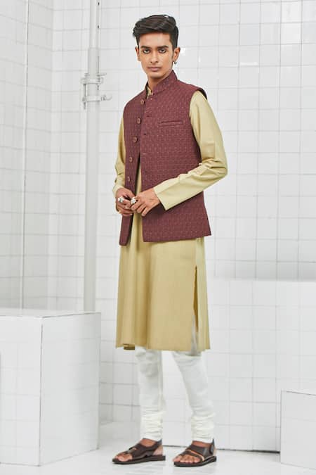 Buy_Rajesh Pratap Singh_Brown Viscose Katan Ramdevra Quilted Bundi _Online_at_Aza_Fashions