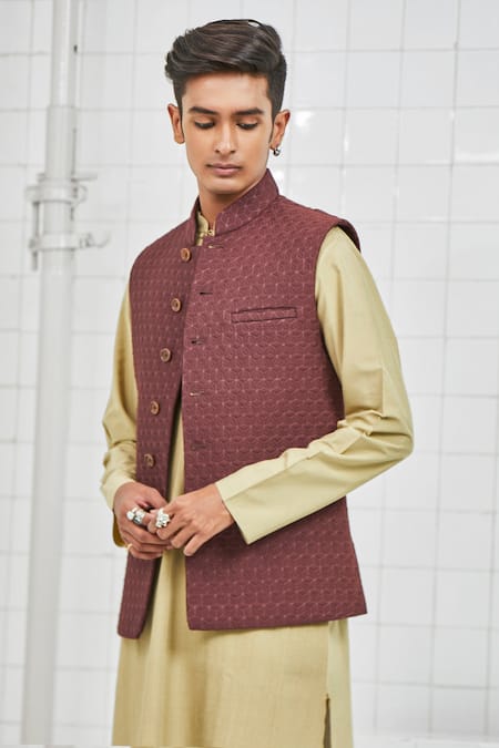 Shop_Rajesh Pratap Singh_Brown Viscose Katan Ramdevra Quilted Bundi _Online_at_Aza_Fashions