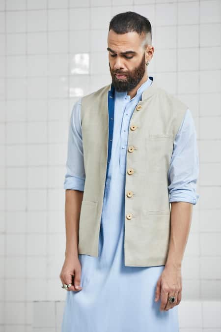 Shop_Rajesh Pratap Singh_Beige Kundal Reversible Linen Bundi _Online_at_Aza_Fashions
