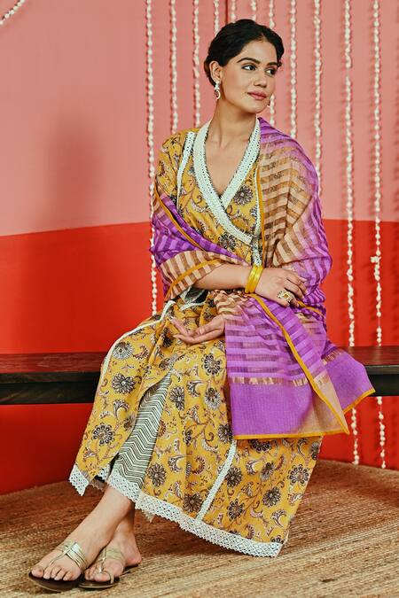 Myaara Yellow Cotton, Organza Mirrors, Embroidery V-neck Flower Print Anarkali Set Online at Aza Fashions Myaara_Yellow Cotton, Organza Mirrors, Embroidery V-neck Flower Print Anarkali Set _Online_at_Aza_Fashions