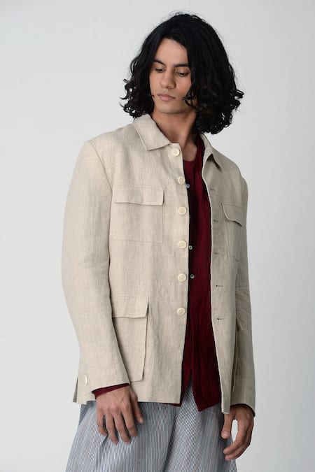 Rajesh Pratap Singh_Beige Handloom Linen Jacket _Online_at_Aza_Fashions
