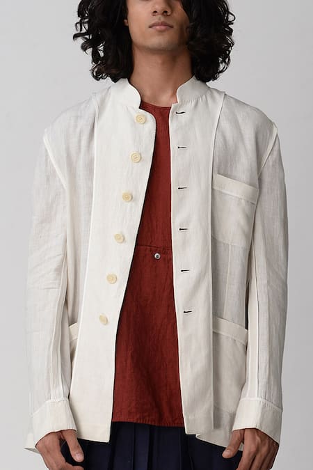 Rajesh Pratap Singh_White Handloom Linen Jacket _at_Aza_Fashions