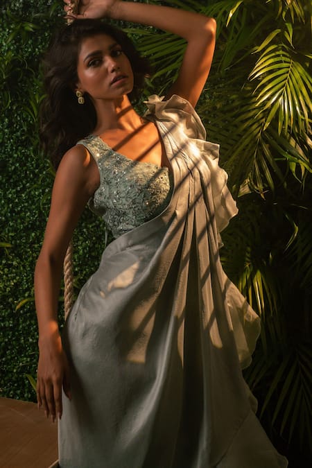 Pallavi Poddar_Green Organza, Silk Embroidery, Mirzapur Ruffle Pre-draped Saree With Blouse _Online_at_Aza_Fashions
