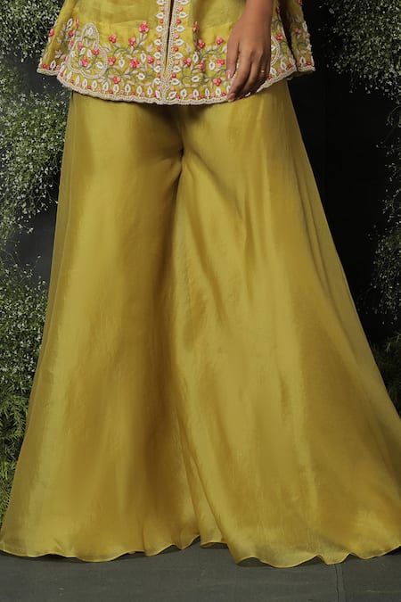 Shop_Usha Bagri_Green Organza Embroidery V Neck Peplum And Palazzo Set  _Online_at_Aza_Fashions