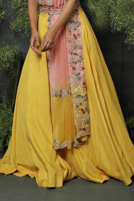 Usha Bagri_Yellow Silk, Organza Scoop Neck Embroidered Lehenga Set _at_Aza_Fashions