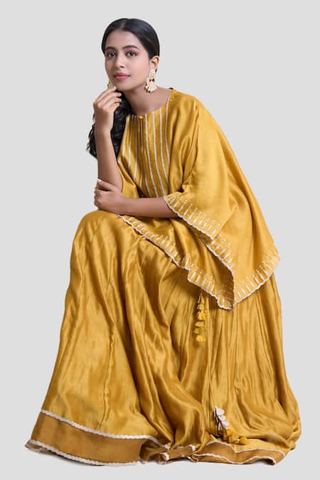 Shop_Brij_Yellow Chanderi Silk Embroidery, Cut Work Round Neck Kaftan Top And Lehenga Set _Online_at_Aza_Fashions
