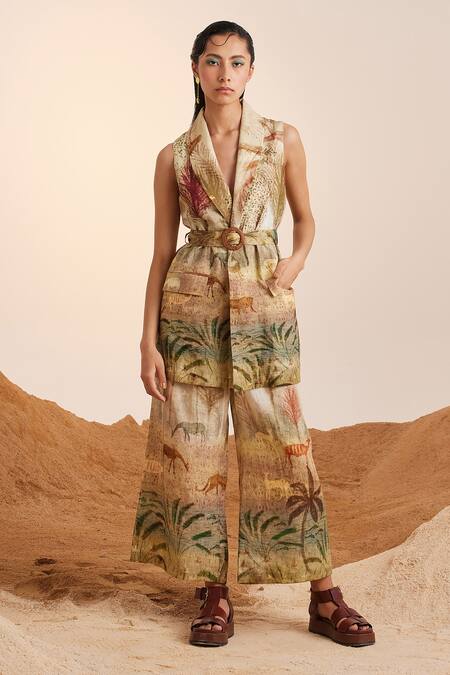 Cord Beige Linen Summer Wood Print Blazer And Pant Set at Aza Fashions Cord_Beige Linen Summer Wood Print Blazer And Pant Set_at_Aza_Fashions